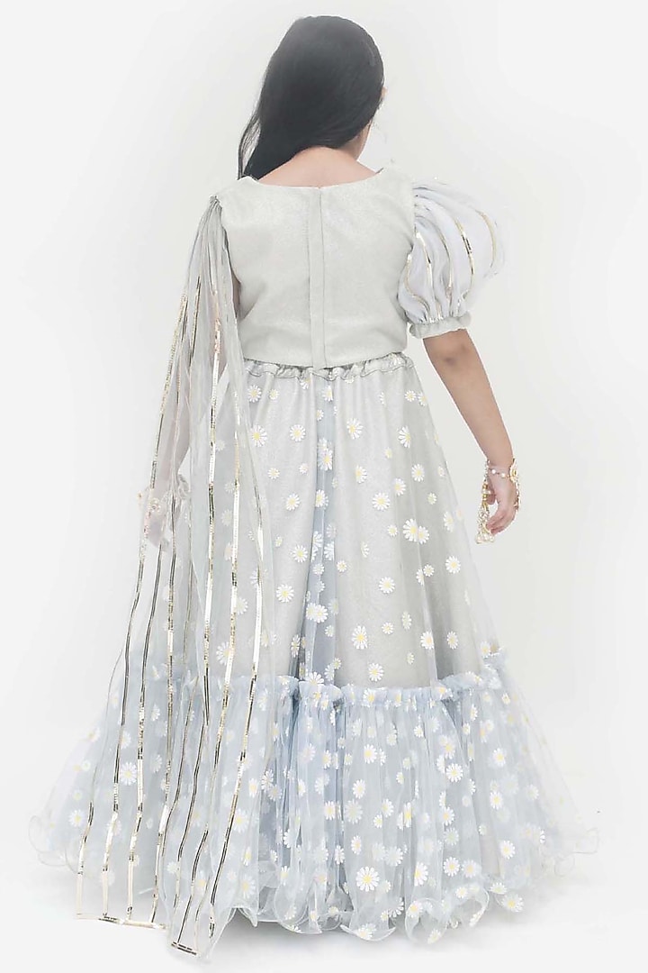 Misty Blue Net Embroidered Lehenga Set For Girls by Fayon Kids at Pernia's Pop Up Shop