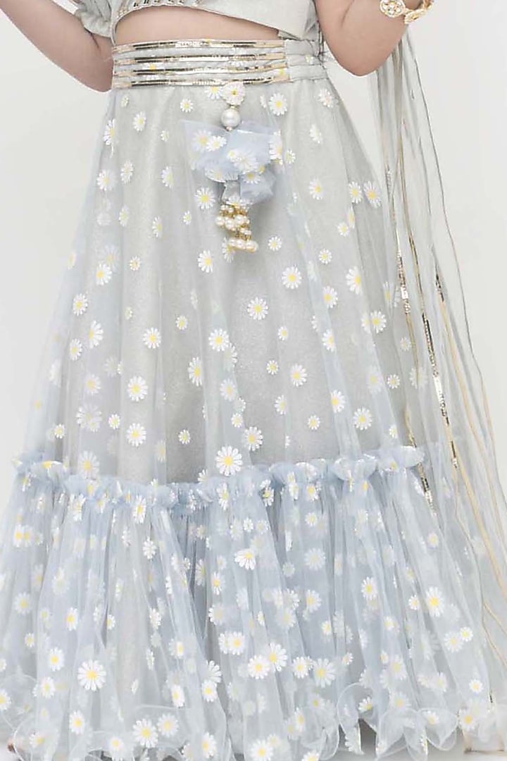 Misty Blue Net Embroidered Lehenga Set For Girls by Fayon Kids at Pernia's Pop Up Shop