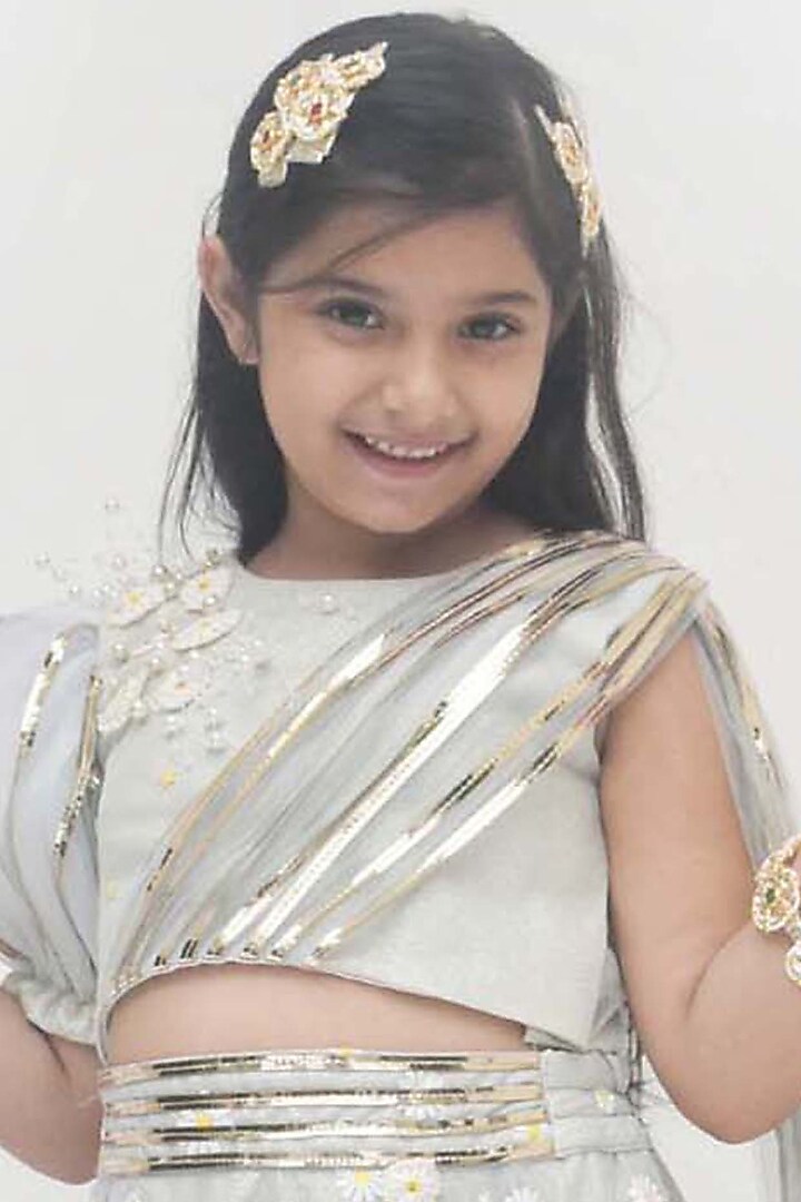 Misty Blue Net Embroidered Lehenga Set For Girls by Fayon Kids at Pernia's Pop Up Shop