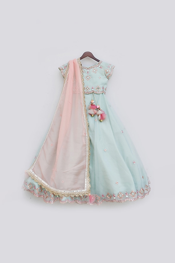Mint Mirror Embroidered Lehenga Set For Girls by Fayon Kids