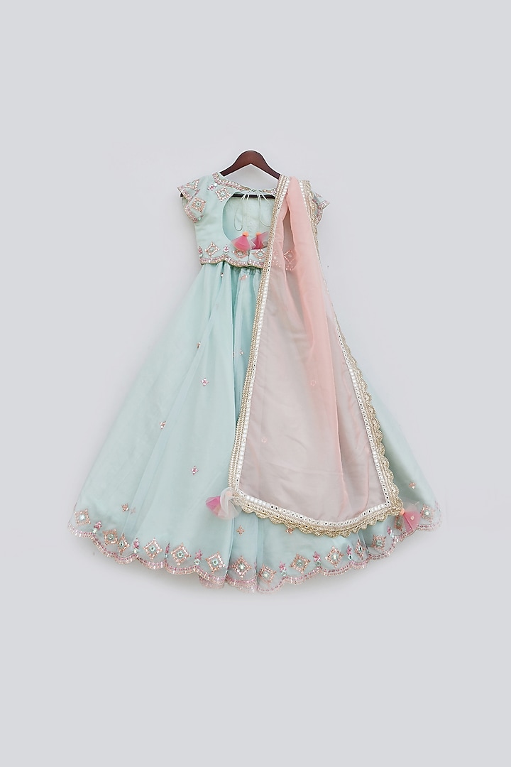 Mint Organza Mirror Embroidered Lehenga Set For Girls by Fayon Kids at Pernia's Pop Up Shop