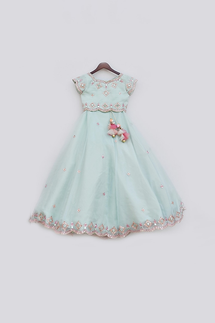 Mint Organza Mirror Embroidered Lehenga Set For Girls by Fayon Kids at Pernia's Pop Up Shop