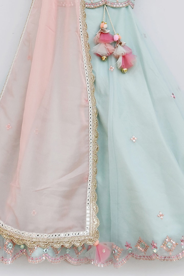 Mint Organza Mirror Embroidered Lehenga Set For Girls by Fayon Kids at Pernia's Pop Up Shop