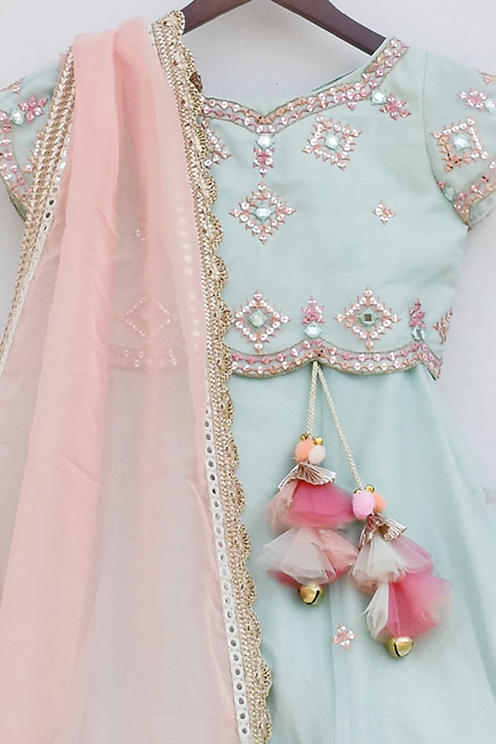 Mint Organza Mirror Embroidered Lehenga Set For Girls by Fayon Kids at Pernia's Pop Up Shop