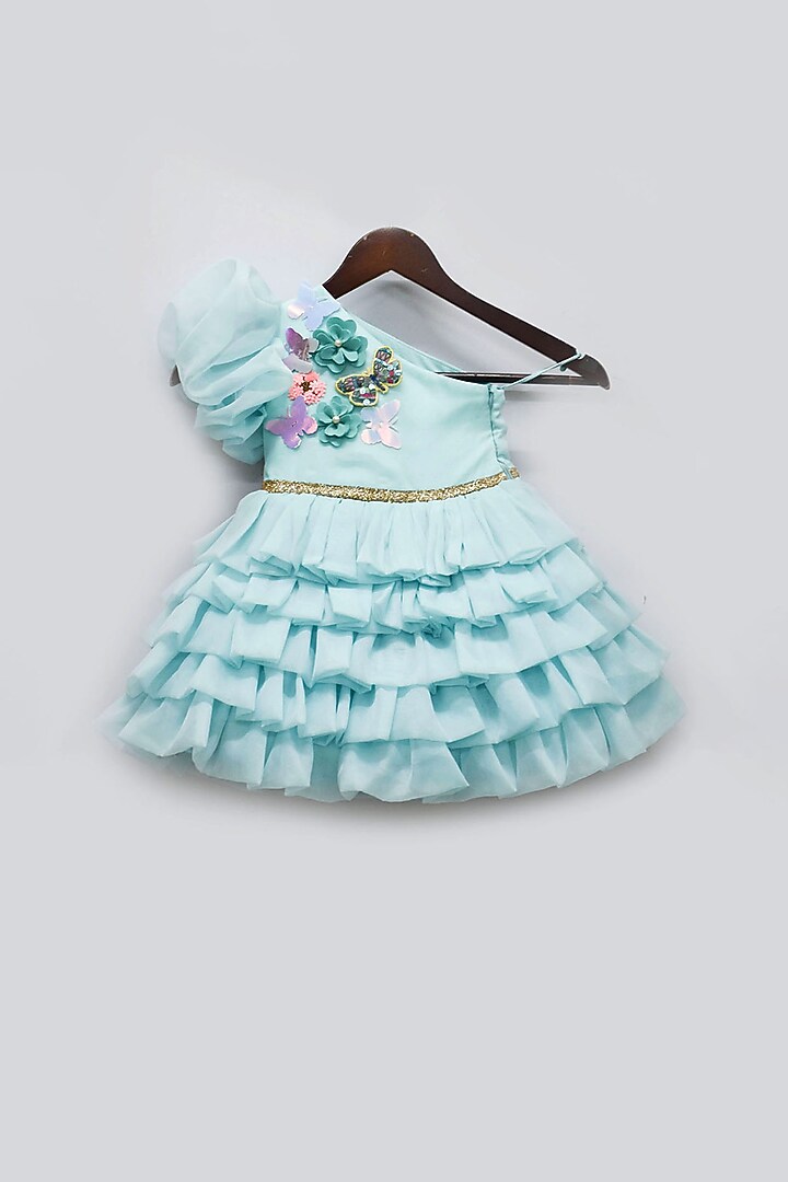 Powder Blue Organza Printed Frock For Girls by Fayon Kids at Pernia's Pop Up Shop