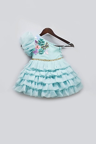 Powder Blue Organza Printed Frock For Girls by Fayon Kids