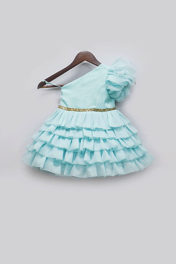 Powder Blue Organza Printed Frock For Girls by Fayon Kids at Pernia's Pop Up Shop
