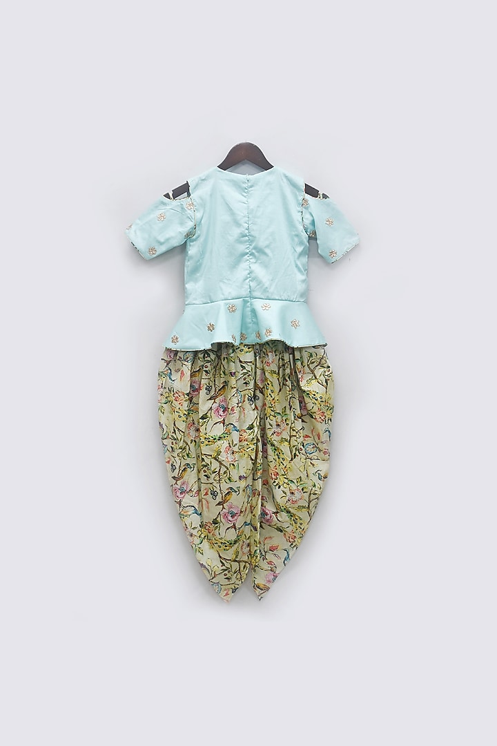 Multi-Colored Cotton Silk Printed Dhoti Set For Girls by Fayon Kids at Pernia's Pop Up Shop