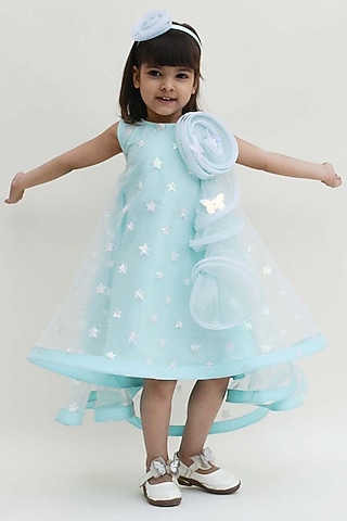 Arctic Blue Net Sequins Embroidered Dress For Girls by Fayon Kids