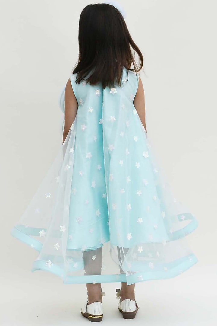 Arctic Blue Net Sequins Embroidered Dress For Girls by Fayon Kids at Pernia's Pop Up Shop
