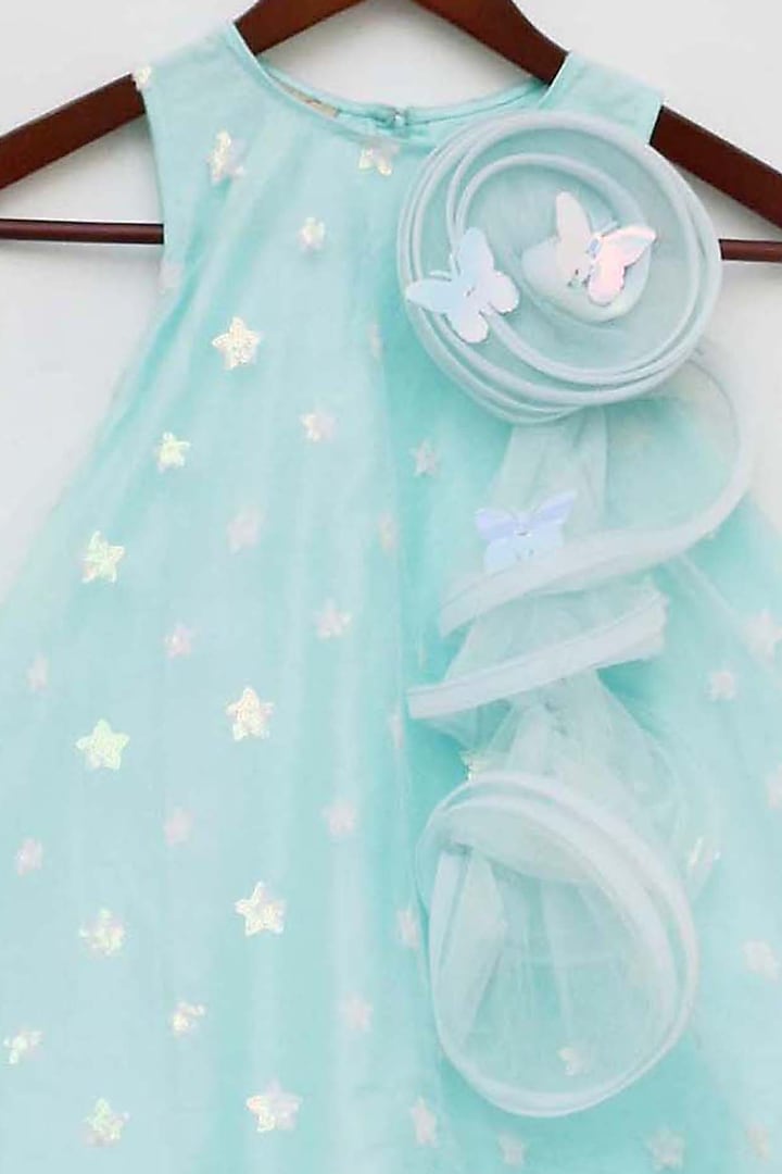 Arctic Blue Net Sequins Embroidered Dress For Girls by Fayon Kids at Pernia's Pop Up Shop