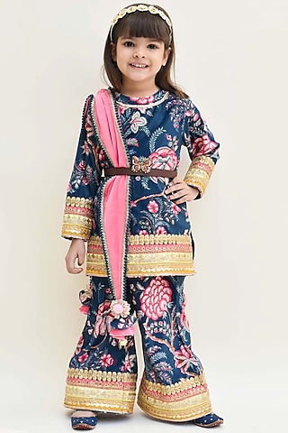 Midnight Blue Velvet Printed Sharara Set For Girls by Fayon Kids