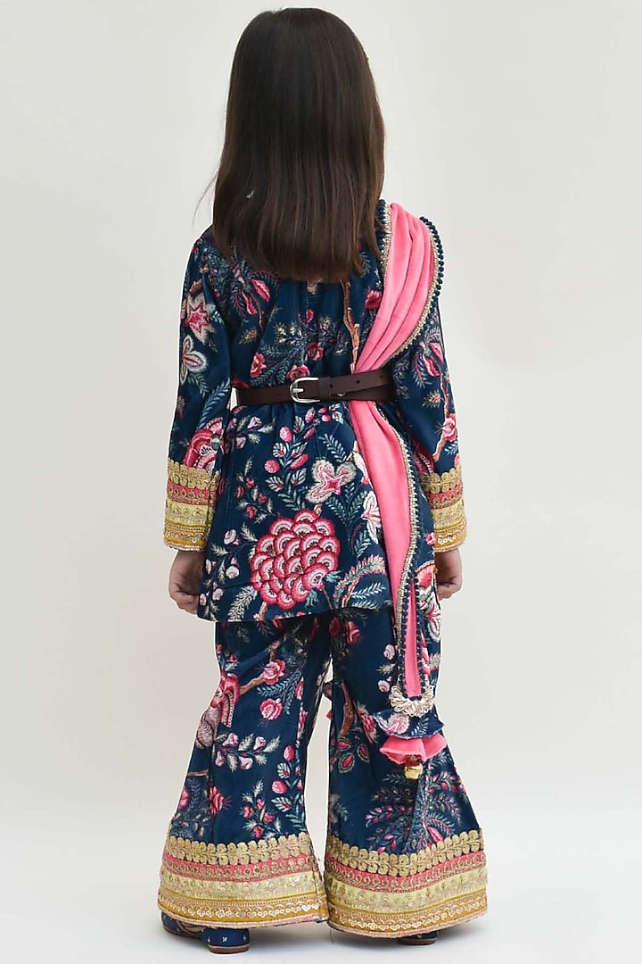 Midnight Blue Velvet Printed Sharara Set For Girls by Fayon Kids at Pernia's Pop Up Shop