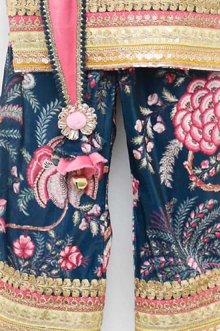 Midnight Blue Velvet Printed Sharara Set For Girls by Fayon Kids at Pernia's Pop Up Shop