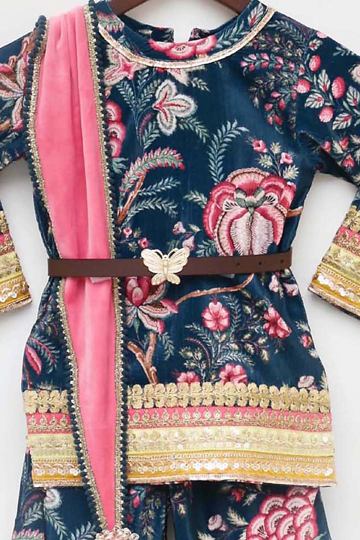 Midnight Blue Velvet Printed Sharara Set For Girls by Fayon Kids at Pernia's Pop Up Shop