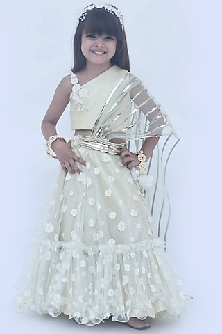 Bleak Green Net Floral Printed Lehenga Set For Girls by Fayon Kids