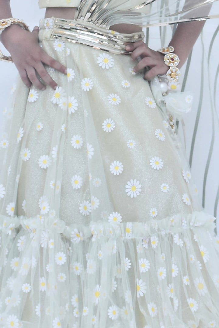 Bleak Green Net Floral Printed Lehenga Set For Girls by Fayon Kids at Pernia's Pop Up Shop