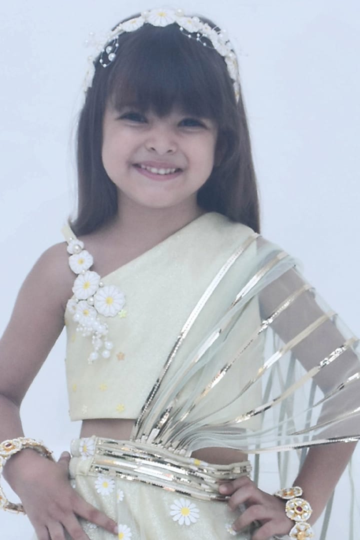 Bleak Green Net Floral Printed Lehenga Set For Girls by Fayon Kids at Pernia's Pop Up Shop