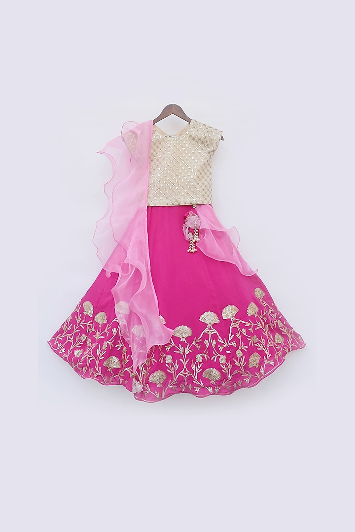 Fuchsia & Gold Embroidered Lehenga Set For Girls by Fayon Kids