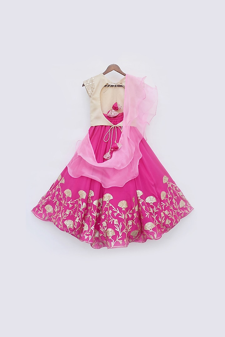 Fuchsia & Gold Embroidered Lehenga Set For Girls by Fayon Kids at Pernia's Pop Up Shop