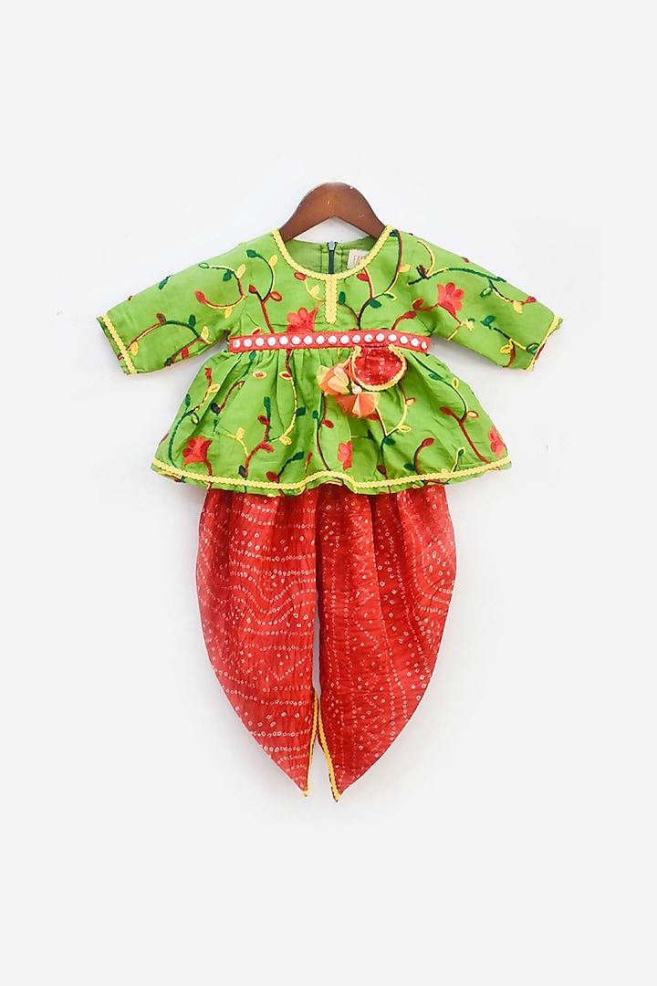 Green & Red Embroidered Dhoti Set For Girls by Fayon Kids