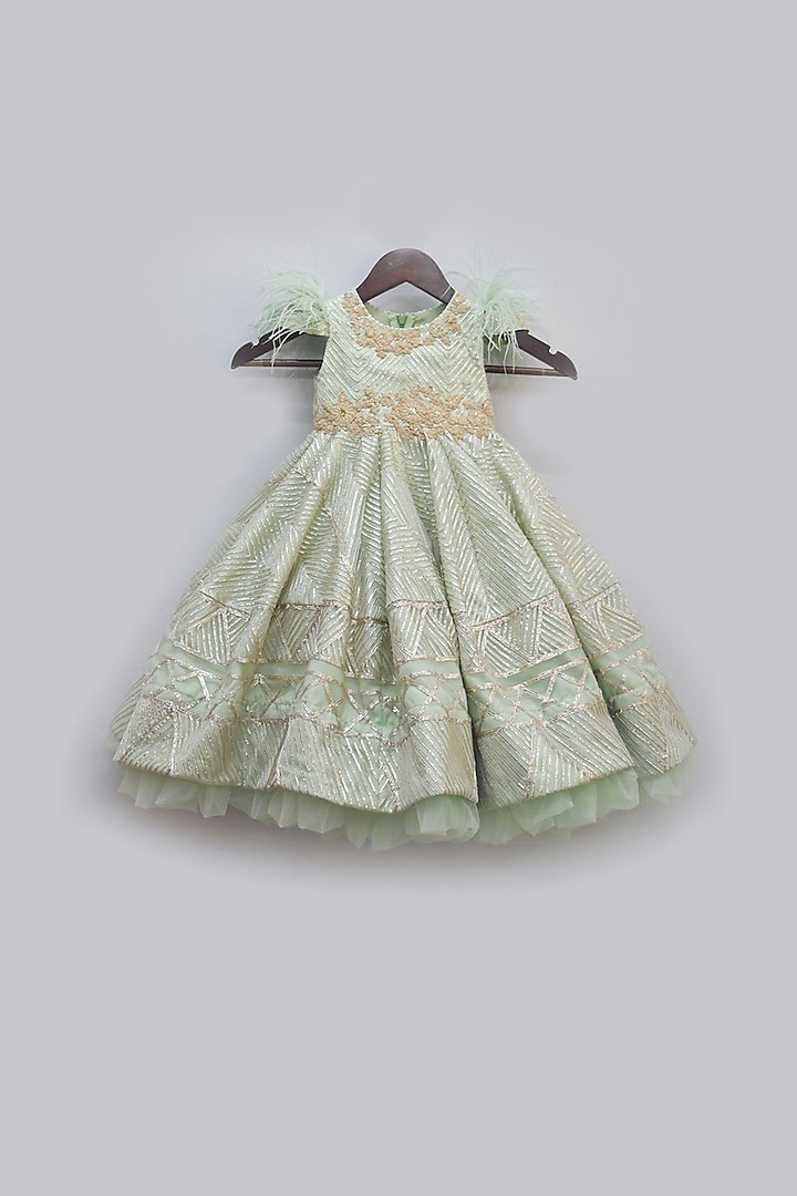 Fog Green Gota Embroidered Gown For Girls by Fayon Kids