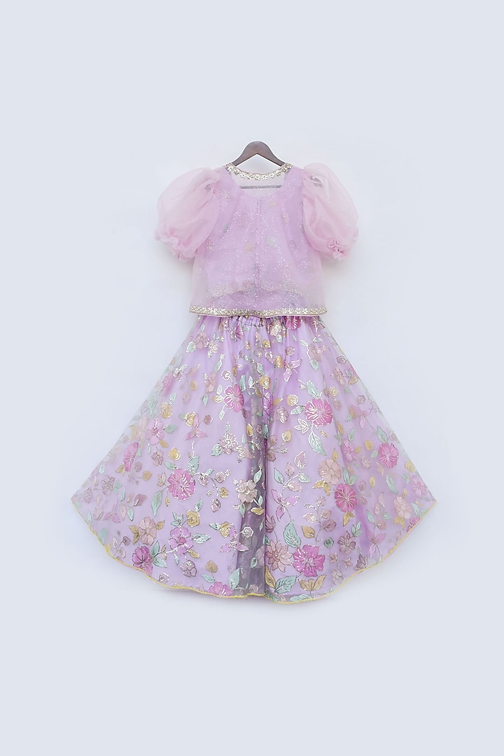 Lilac Net & Organza Embroidered Lehenga Set For Girls by Fayon Kids at Pernia's Pop Up Shop