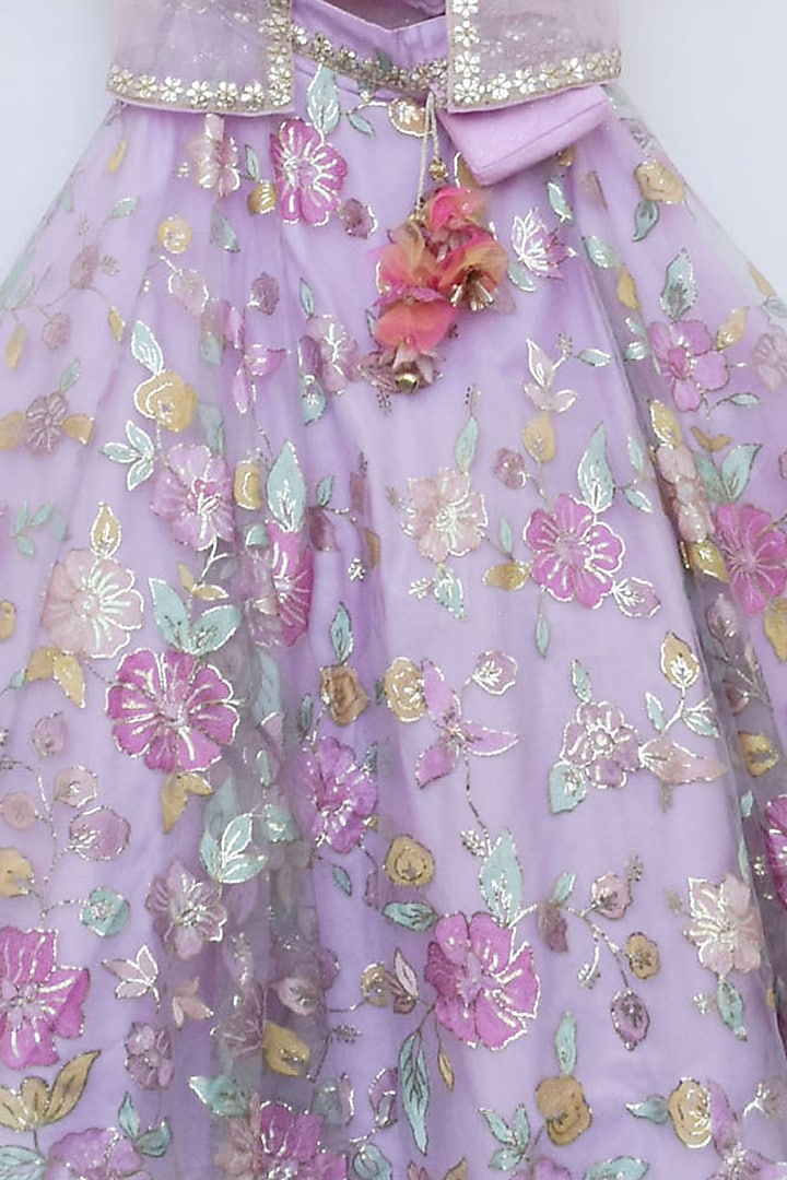 Lilac Net & Organza Embroidered Lehenga Set For Girls by Fayon Kids at Pernia's Pop Up Shop