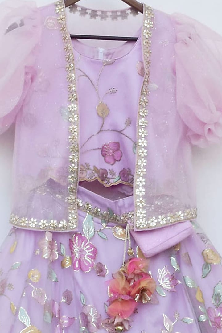 Lilac Net & Organza Embroidered Lehenga Set For Girls by Fayon Kids at Pernia's Pop Up Shop