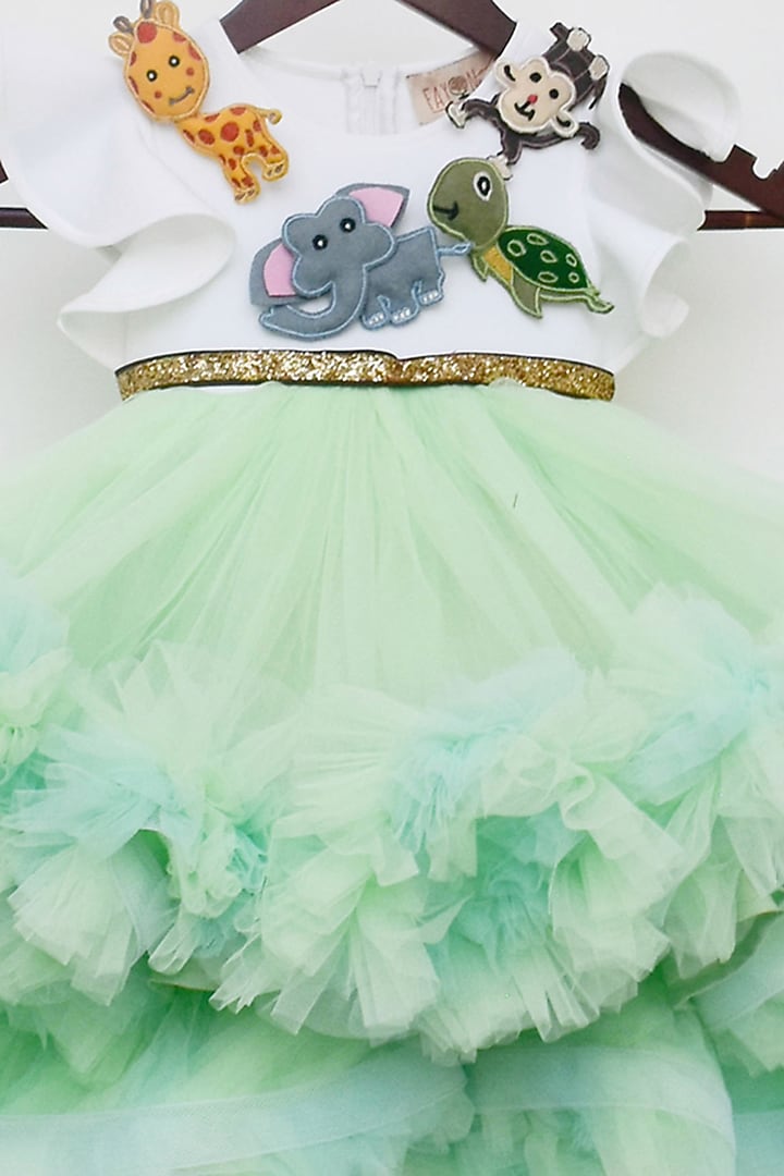 Mint Green Neoprene & Net Printed Dress For Girls by Fayon Kids at Pernia's Pop Up Shop