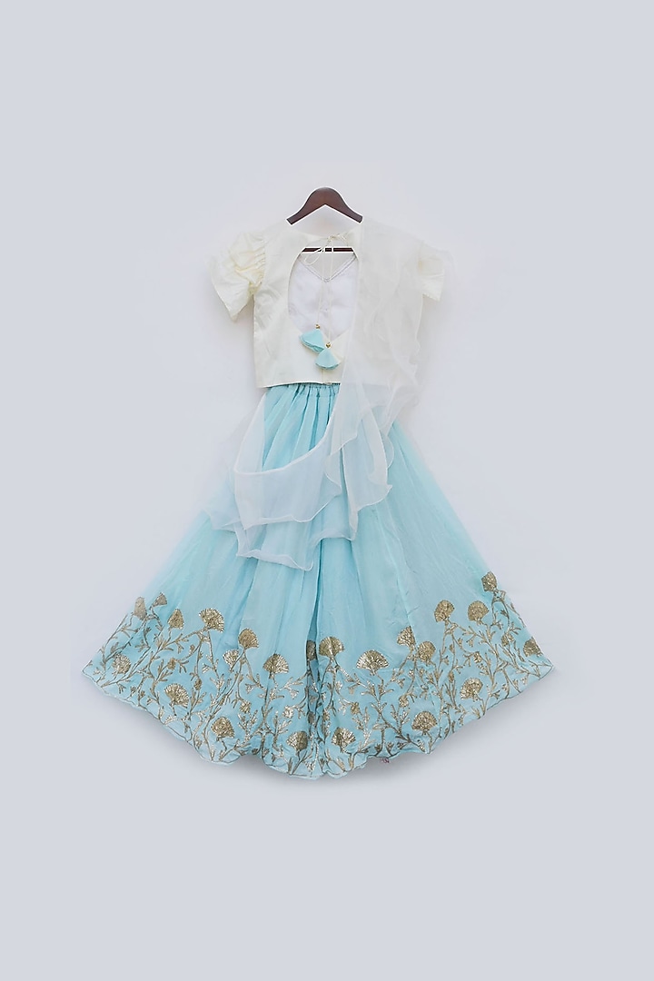 Powder Blue Silk Embroidered Lehenga Set For Girls by Fayon Kids at Pernia's Pop Up Shop