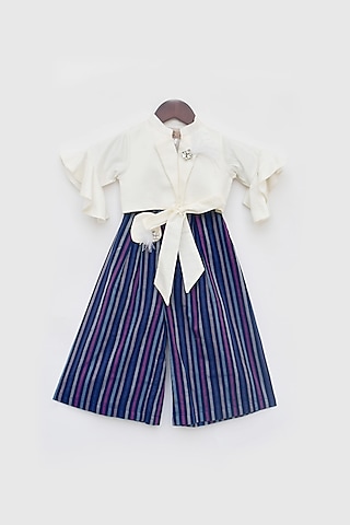 Midnight Blue & White Cotton Silk Printed Pant Set For Girls by Fayon Kids