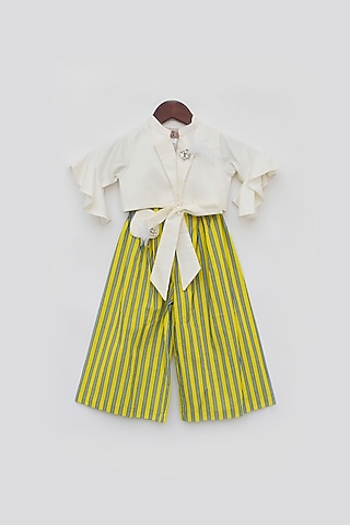 Yellow & White Pant Set For Girls by Fayon Kids