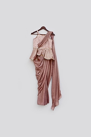 Greyish Pink Sequins Embroidered Draped Saree Set For Girls by Fayon Kids