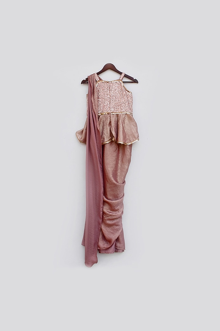 Greyish Pink Sequins Embroidered Draped Saree Set For Girls by Fayon Kids at Pernia's Pop Up Shop