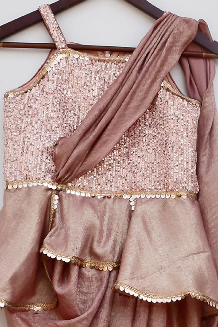 Greyish Pink Sequins Embroidered Draped Saree Set For Girls by Fayon Kids at Pernia's Pop Up Shop
