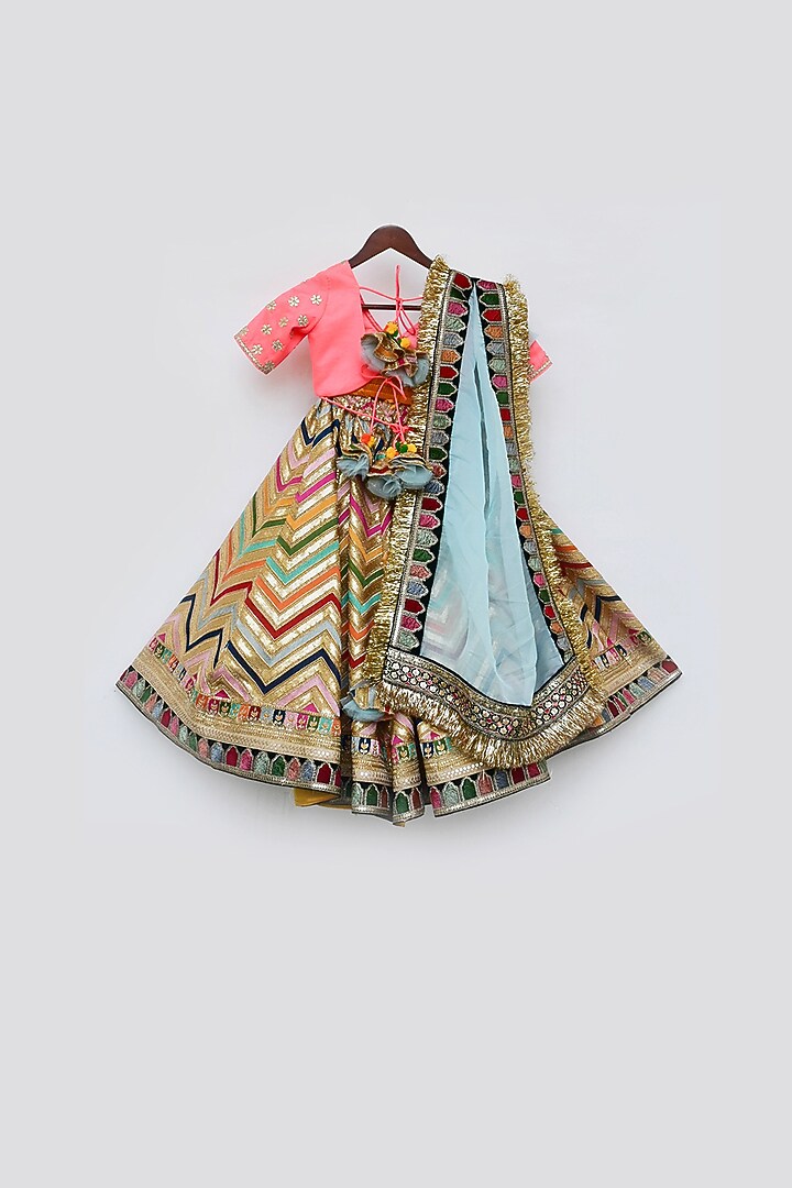 Multi-Colored Silk Embroidered Lehenga Set For Girls by Fayon Kids at Pernia's Pop Up Shop