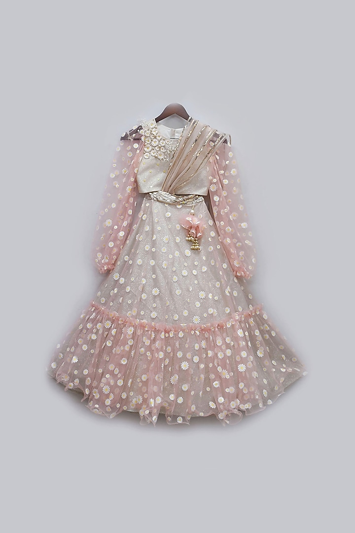 Blush Pink Net Embroidered Lehenga Set For Girls by Fayon Kids at Pernia's Pop Up Shop