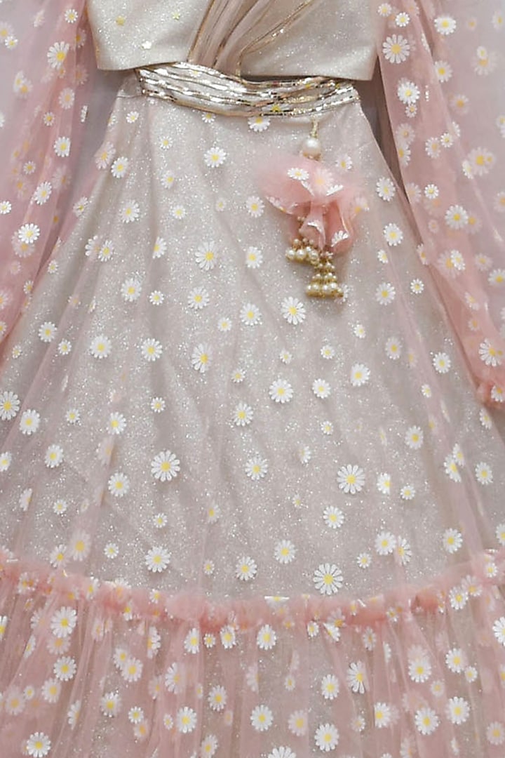 Blush Pink Net Embroidered Lehenga Set For Girls by Fayon Kids at Pernia's Pop Up Shop