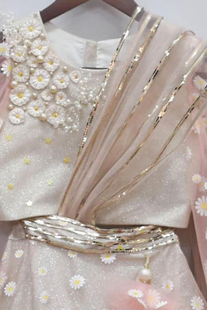 Blush Pink Net Embroidered Lehenga Set For Girls by Fayon Kids at Pernia's Pop Up Shop
