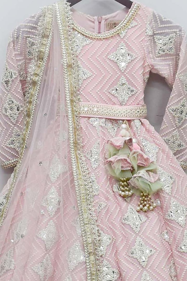 Blush Pink Net Embroidered Anarkali Set For Girls by Fayon Kids at Pernia's Pop Up Shop