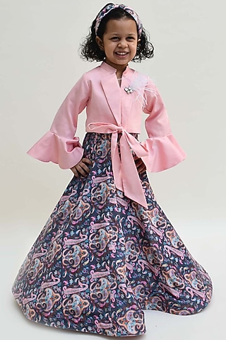 Midnight Blue Velvet Printed Lehenga Set For Girls by Fayon Kids