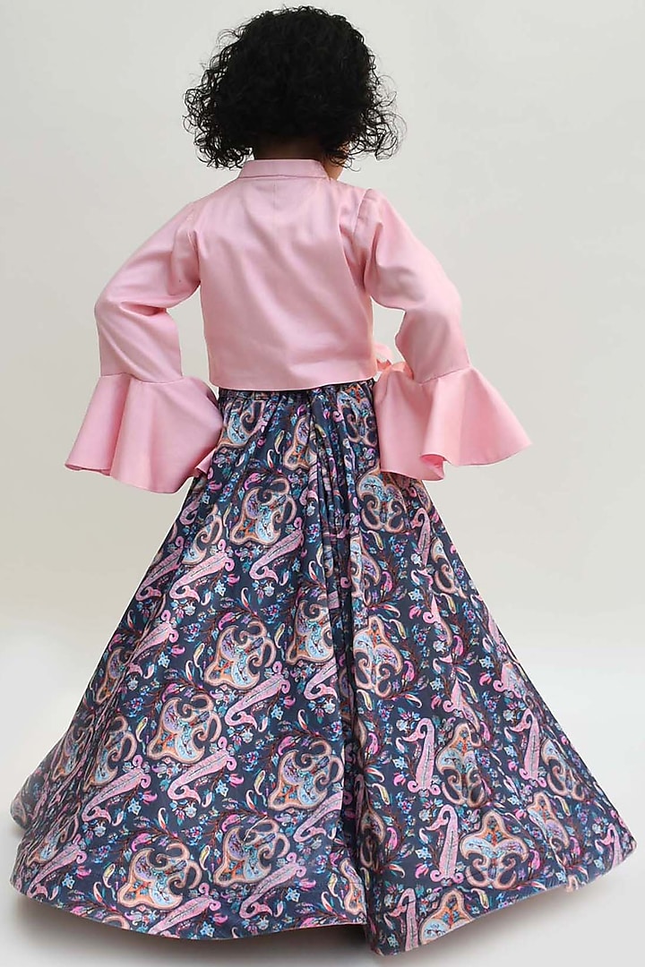 Midnight Blue Velvet Printed Lehenga Set For Girls by Fayon Kids at Pernia's Pop Up Shop
