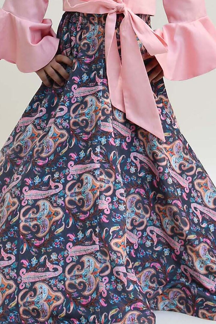 Midnight Blue Velvet Printed Lehenga Set For Girls by Fayon Kids at Pernia's Pop Up Shop