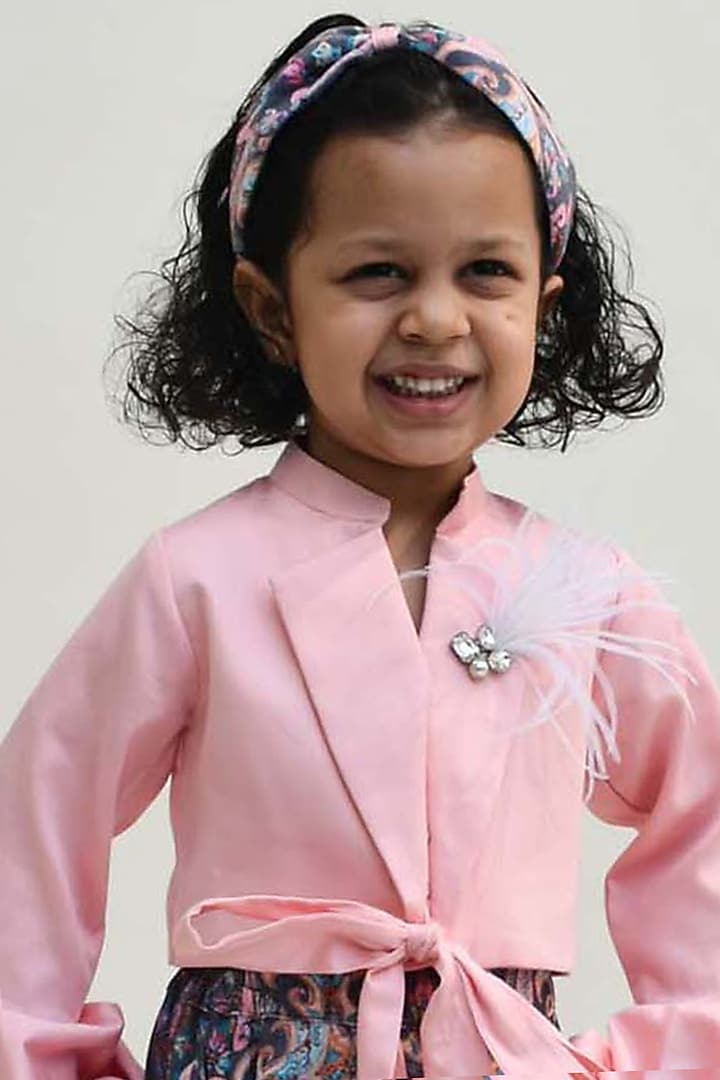 Midnight Blue Velvet Printed Lehenga Set For Girls by Fayon Kids at Pernia's Pop Up Shop