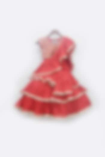 Red Embroidered Ruffled Lehenga Saree For Girls by Fayon Kids at Pernia's Pop Up Shop