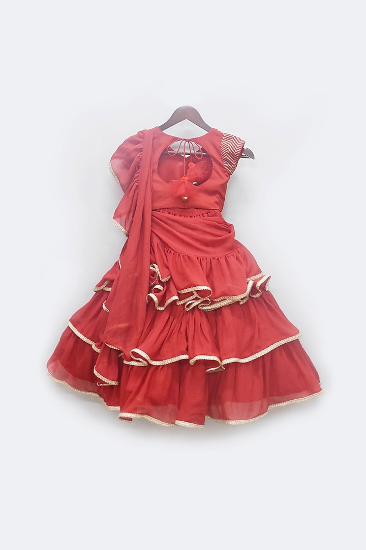 Red Embroidered Ruffled Lehenga Saree For Girls by Fayon Kids at Pernia's Pop Up Shop