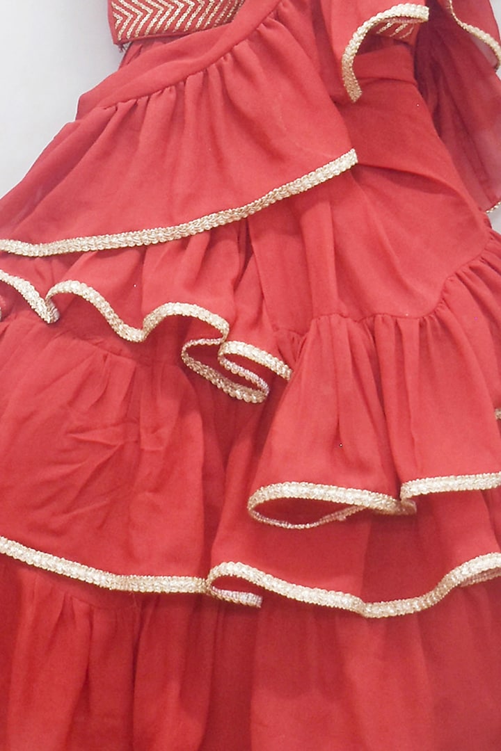 Red Embroidered Ruffled Lehenga Saree For Girls by Fayon Kids at Pernia's Pop Up Shop