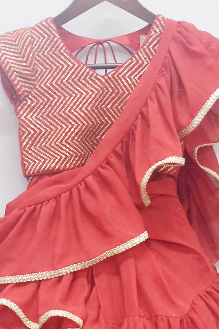 Red Embroidered Ruffled Lehenga Saree For Girls by Fayon Kids at Pernia's Pop Up Shop
