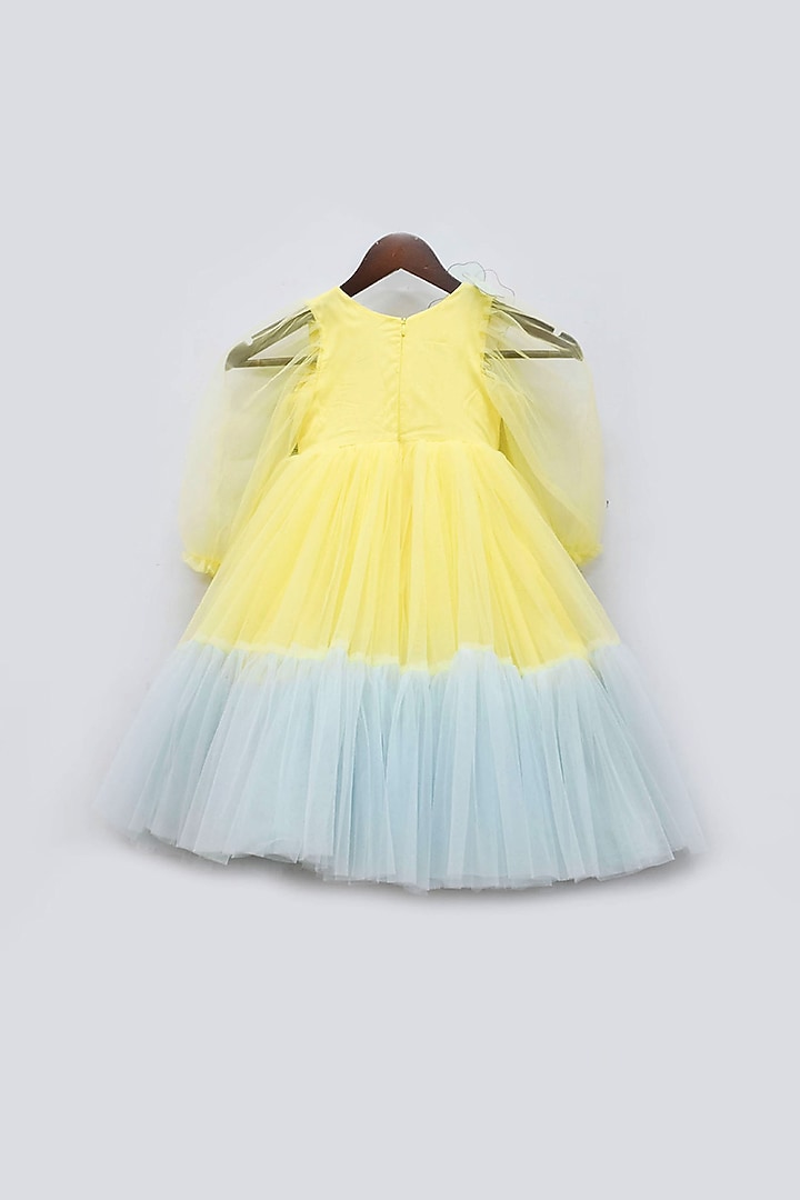 Lemon Yellow & Powder Blue Net Layered Gown For Girls by Fayon Kids at Pernia's Pop Up Shop